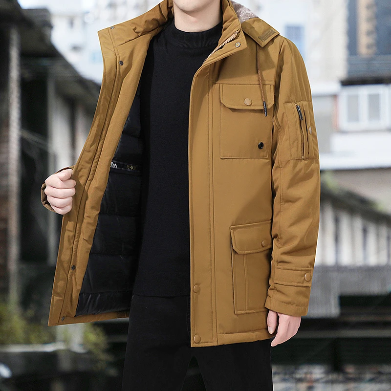 2022 Men Winter Medium length Parkas Warm Thick Hood Jacket Coat Man Outwear Warm Classic Windproof Parka Male Military Overcoat