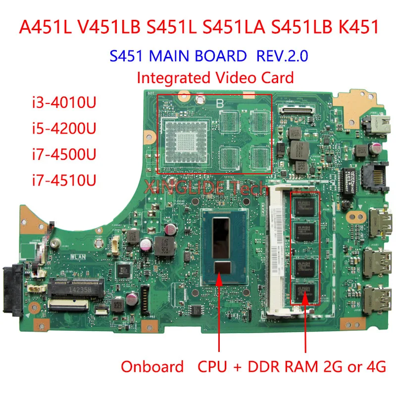 Материнская плата S451 REV.2.0 для ноутбука Asus A451L V451LB S451L S451LA S451LB K451 материнская I3 I5 I7