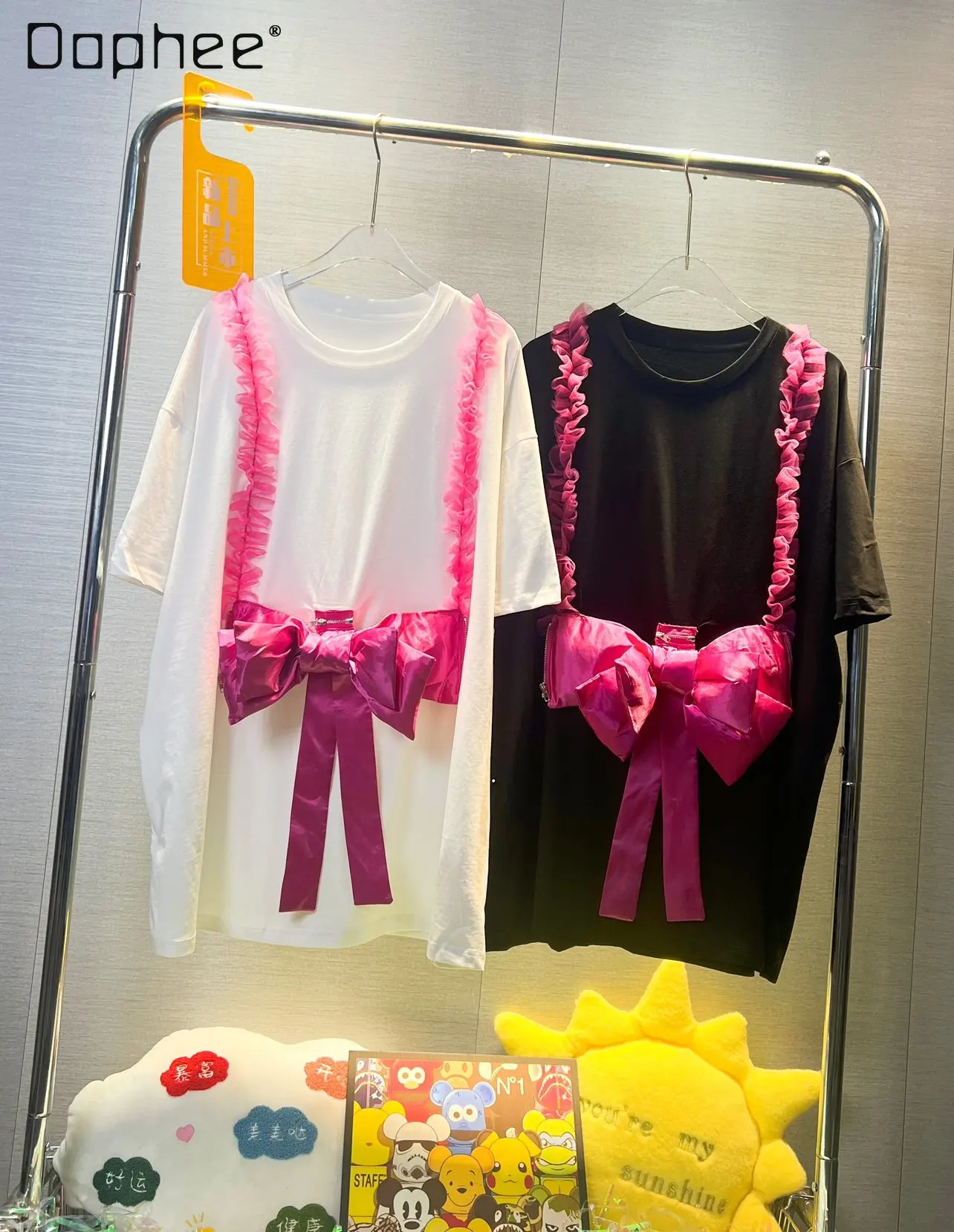 

Fashion Mesh Patchwork Three-Dimensional Bow T-shirt Skirt Female 2023 Summer New Sweet All-Matching Round Neck Loose Top Women