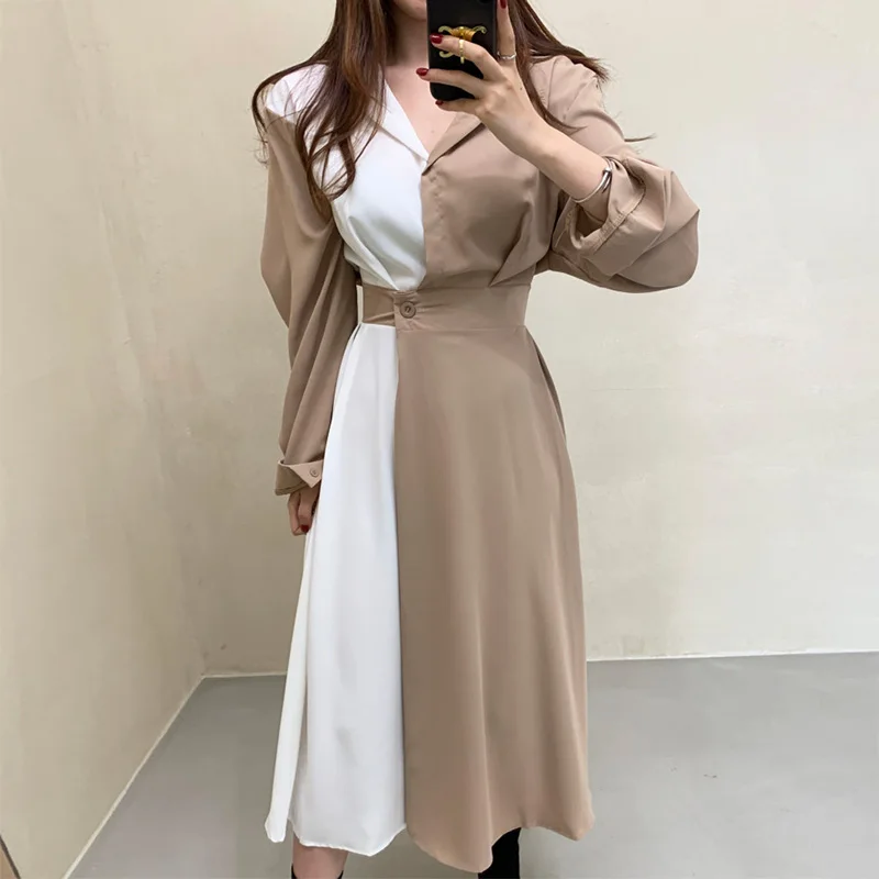 

Croysier Dresses For Women 2021 Elegant Office Color Block Collared Shirt Dress Spring Autumn Clothes Long Sleeve Midi Dress