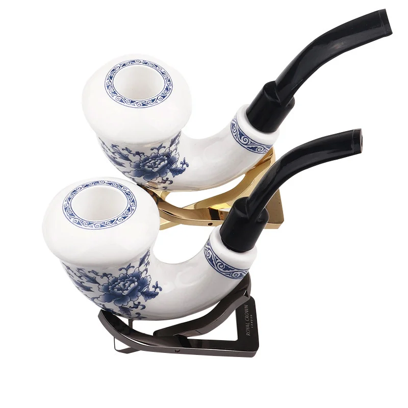 

Ceramics 9mm Filter Flue Blue And White Porcelain Tobacco Pipe Retro Bent Type Handle Smoking Pipe With Accessory Old Dad's Gift