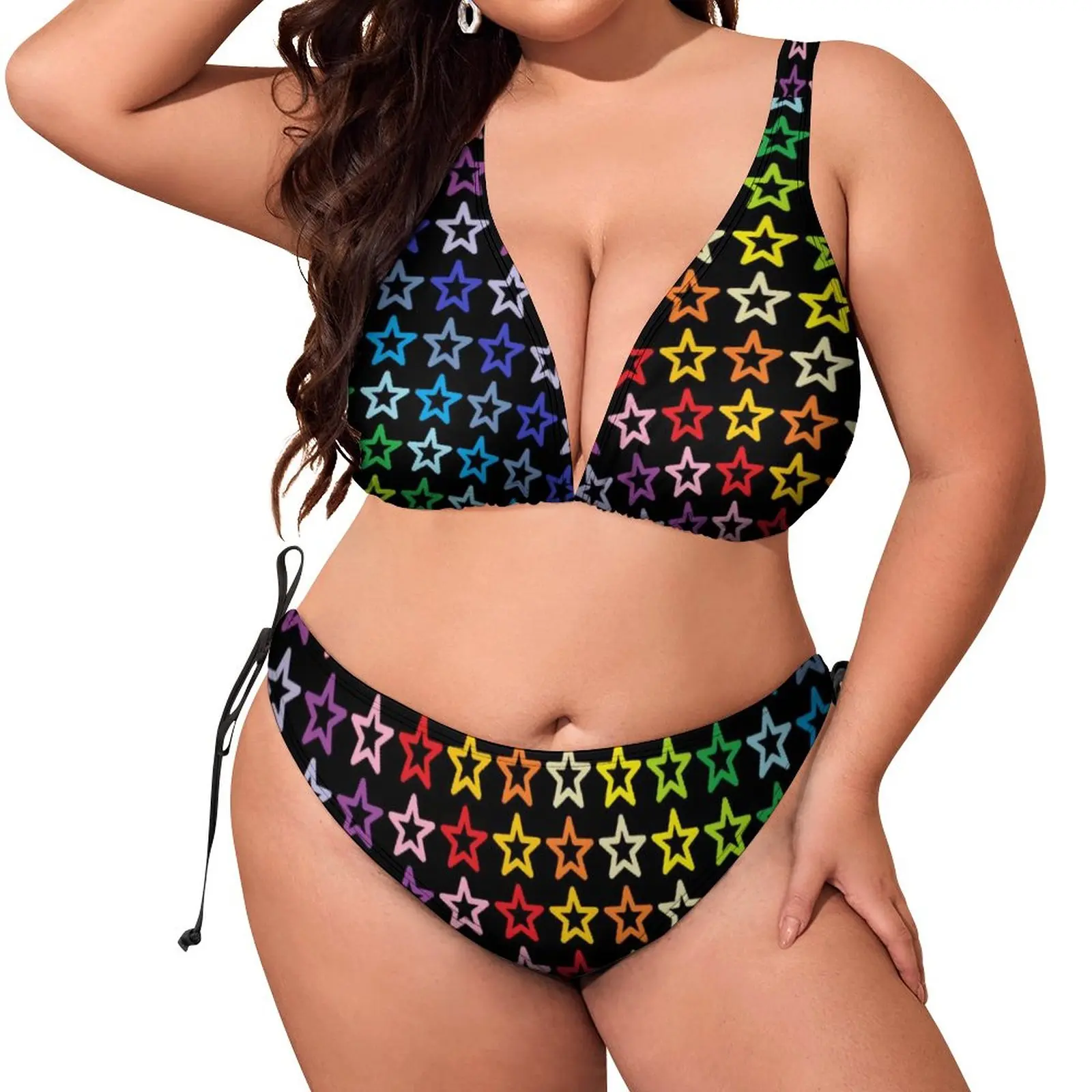 

Sexy Broader Spectrum Rainbow Bikini Set Stars Print Stylish Bikini Swimsuit Push Up V Neck Swimwear Feminine Bikinis Beach Wear