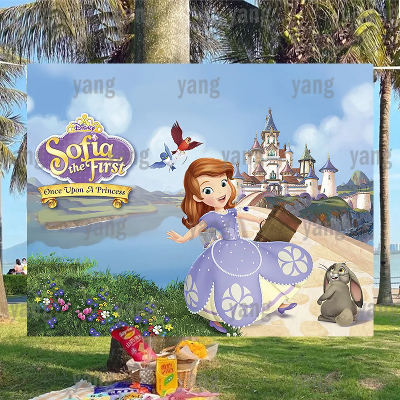 

Disney Castle Girls Baby Princess Sofia Background Support Custom Birthday Party Flower Lake Decoration Banner Backdrop Photo