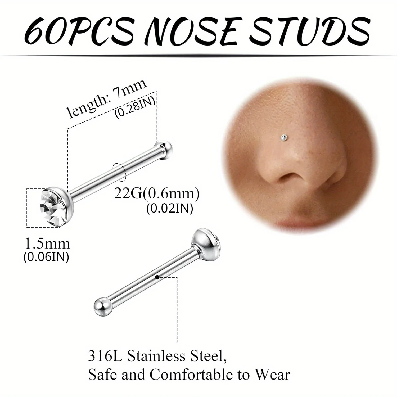 Серьги-гвоздики из нержавеющей стали для пирсинга носа 22 г 60 шт