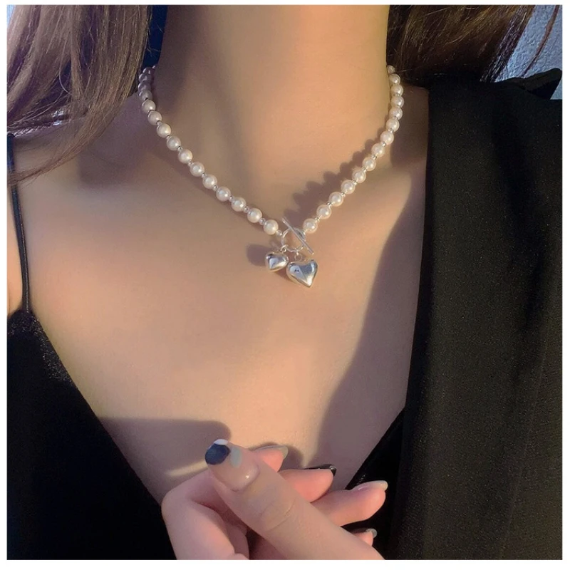 

YYSUNNY Pearl Necklace for Women 925 Sterling Silver Heart Pendant Necklace Toggle Collarbone Chain Jewelry Valentine's Day Gift