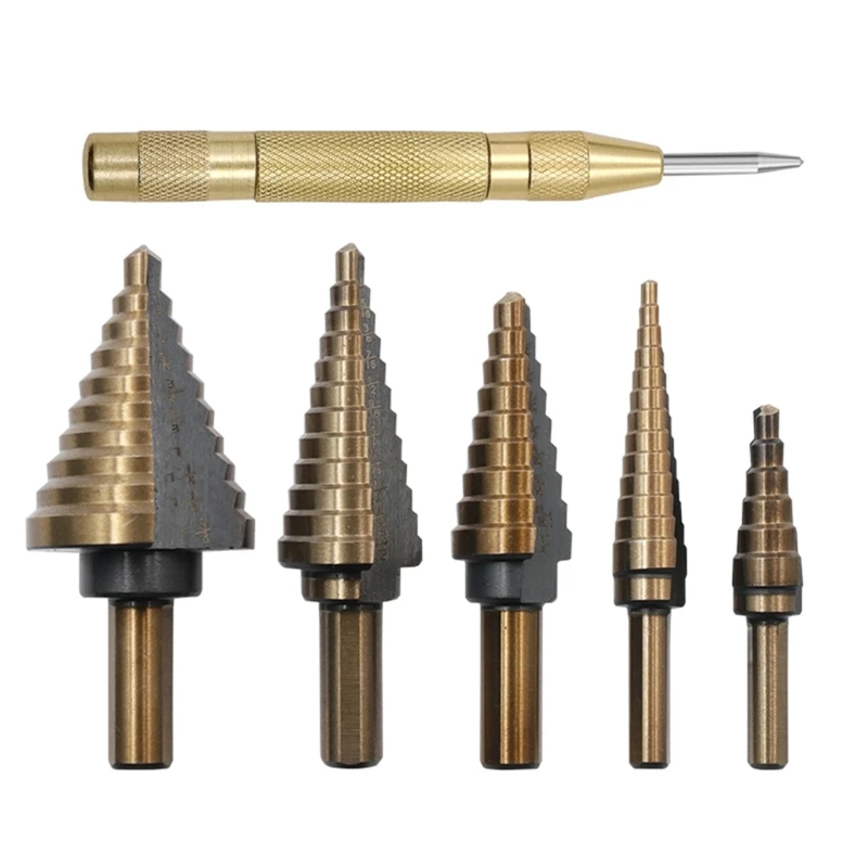 

6x Drill Bit Set Steel Step Drill Bit Cone Multiple Hole Sizes Drill Bit Set Center Punch for Accurate Locator
