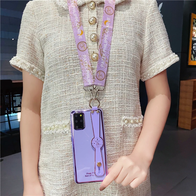 for samsung s22 ultra s9 s10 s20 s21 fe note 20 10 plus 8 9 cover crossbody shoulder strap plating wristband phone holder case free global shipping