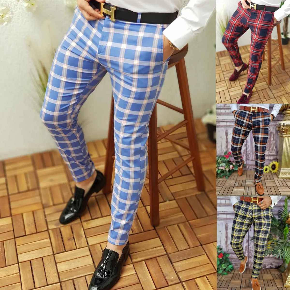 

Mens New Streetwear Jogging Pencil Plaid Pants Men Business Casual Trousers Vintage Thin Style Straight Long Pant Pantalon Homme