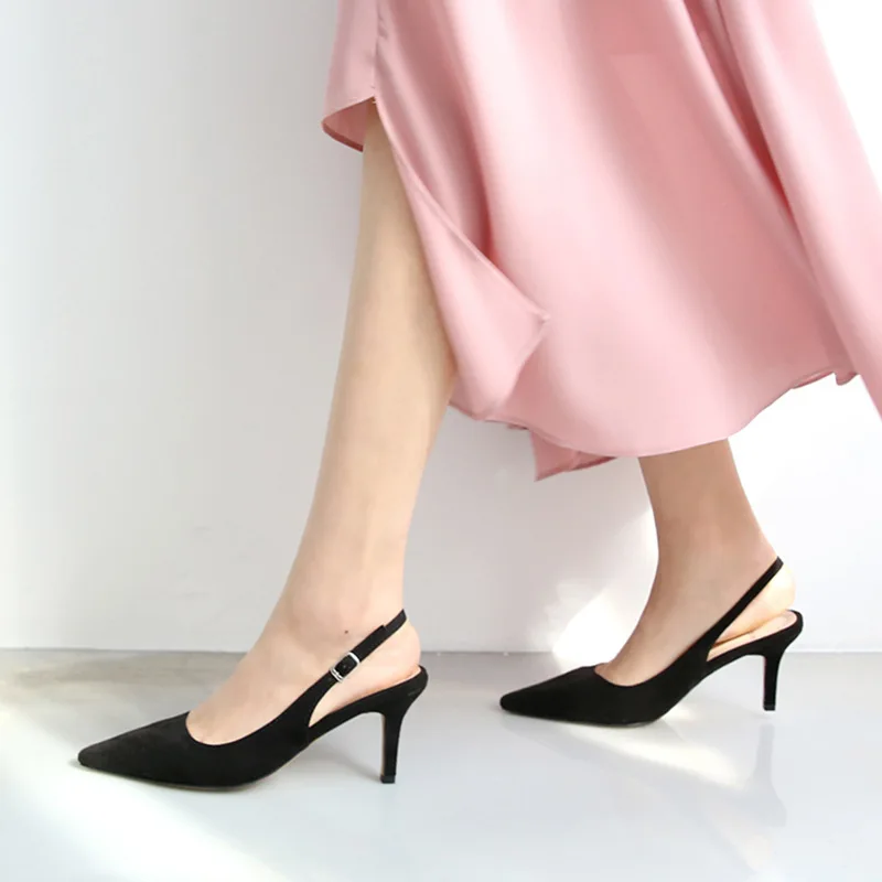 

6cm New Fashion Flock Sandals High Heels Female Ankle Wrap Pointed Toe Women Shoes 39 40 41