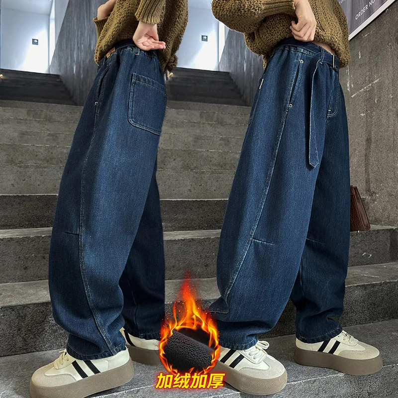 Толстые теплые джинсы для девочек и детей осень-зима 2024 новые детские свободные