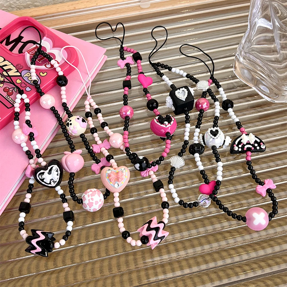 

Sweet Cool Black Pink Beaded Mobile Camera chain Phone Chain for woman's Jewelry women's accessories