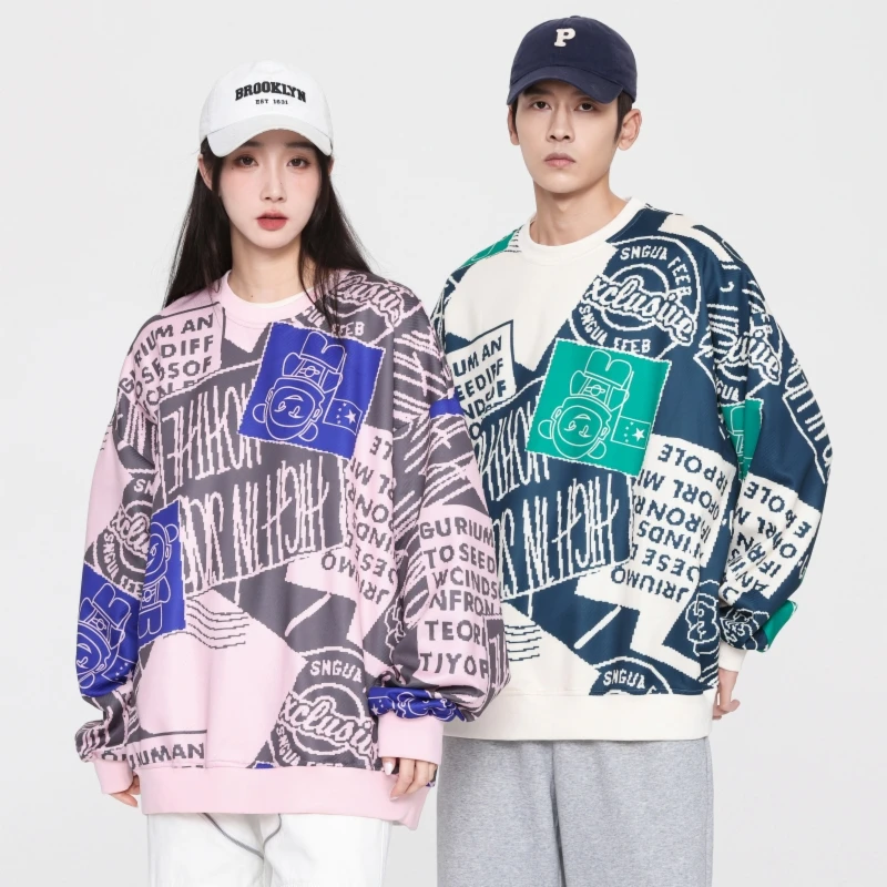 

Новая Корейская версия свитер с круглым вырезом Весна-Осень Свободный с длинными рукавами Универсальный трендовый топ с принтом для пары