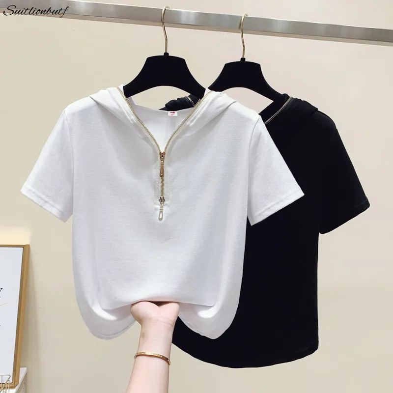 

Summer Hooded T-shirt 2022 Women Cotton Short Sleeve Solid Tshirt Korean Loose Casual Zipper Pullover Crop Top Female Clothing