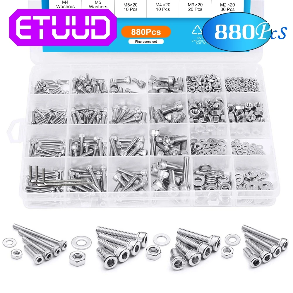 

YCDC 880pcs Hex Socket Head Cap Screw Set M2 M3 M4 M5 Stainless Steel Hexagon Flat Round Cap Head Screw Kit With Storage Box