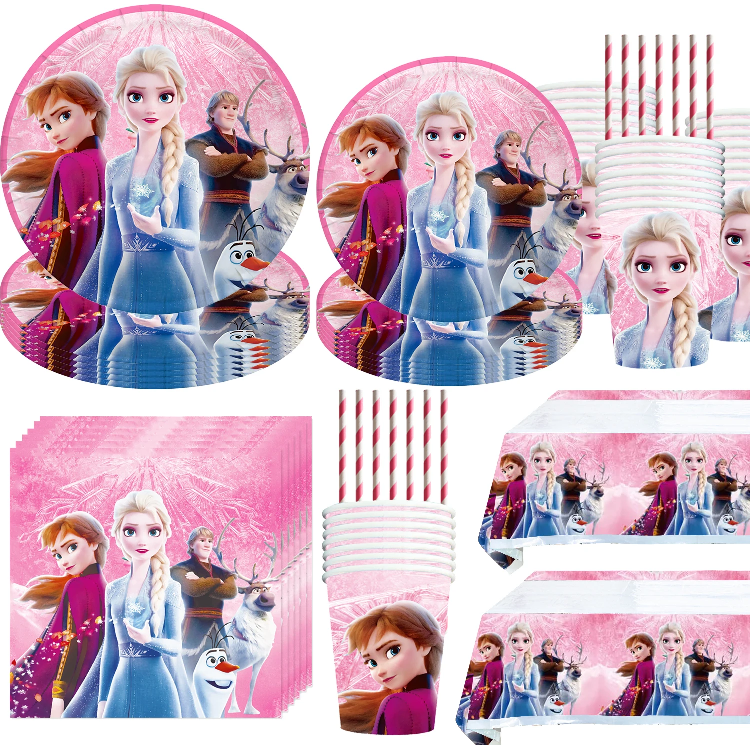 

Disney Pink Frozen Anna Elsa Birthday Party Decor Kids Disposable Tableware Cup Plate Napkin Straw Baby Shower Supplies Event