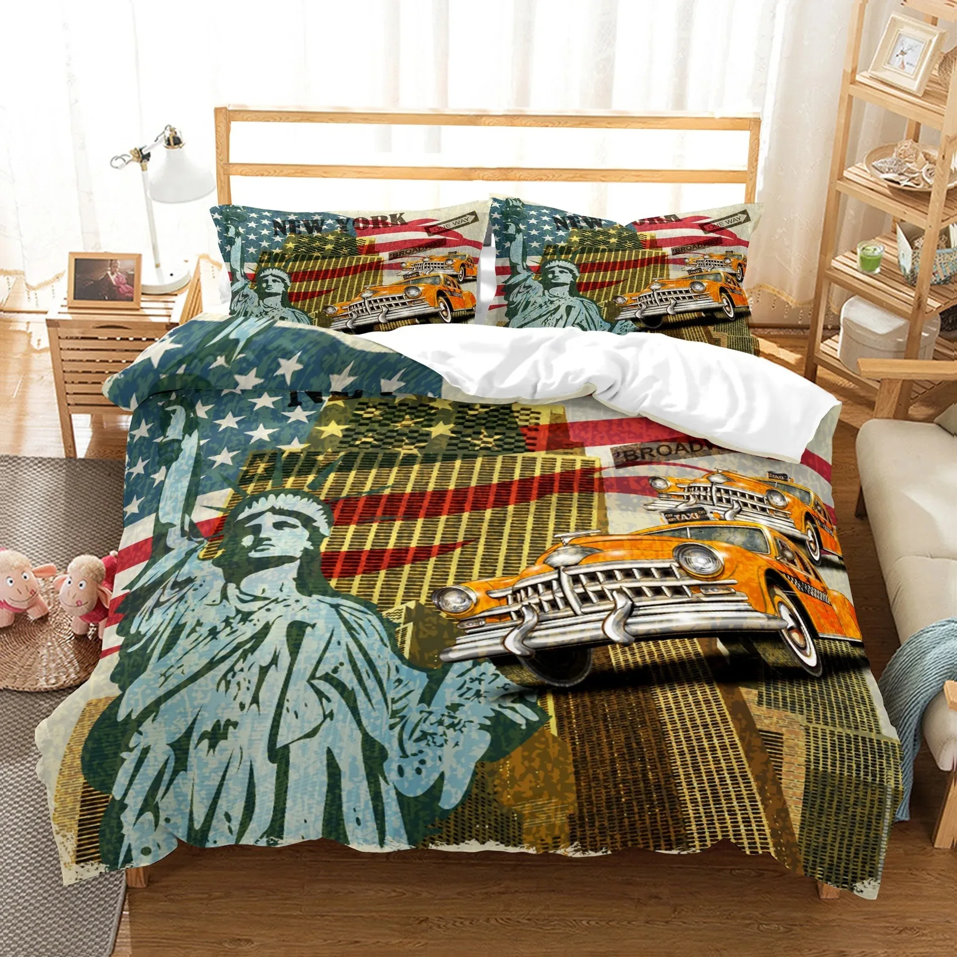 New York Statue of Liberty Duvet Cover KingQueen Size Retro Car Nostalgic 50s Bedding Vintage Polyester Quilt for Men
