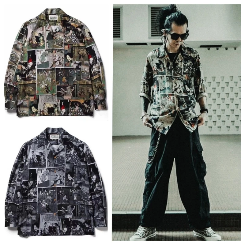 

Гавайская Свободная рубашка WACKO MARIA с рукавами, универсальная уличная куртка с принтом призрака, рубашка для пар