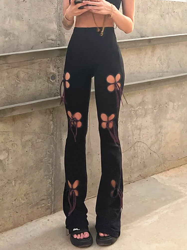 

90s Aesthetics Retro Butterfly Hollow Out Long Pants High Waist Bandage Trim Black Trousers Slim Women Bottoms