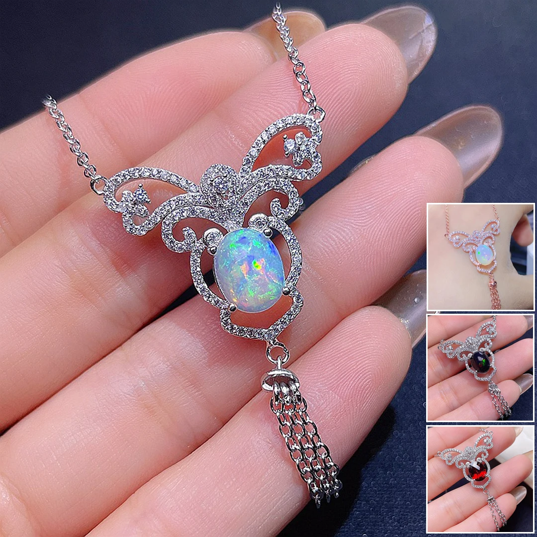 

MeiBaPJ Natural Opal/Garnet Butterfly Fashion Pendant Necklace 925 Pure Silver Colorful Stone Fine Wedding Jewelry for Women
