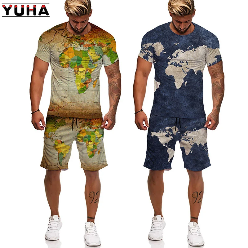 Yuha,map Printing New Summer 3d Casual Men Short Sleeve T-shirts +shorts Male O Neck Top Tracksuit Set Men's Clothing 2 Pieces