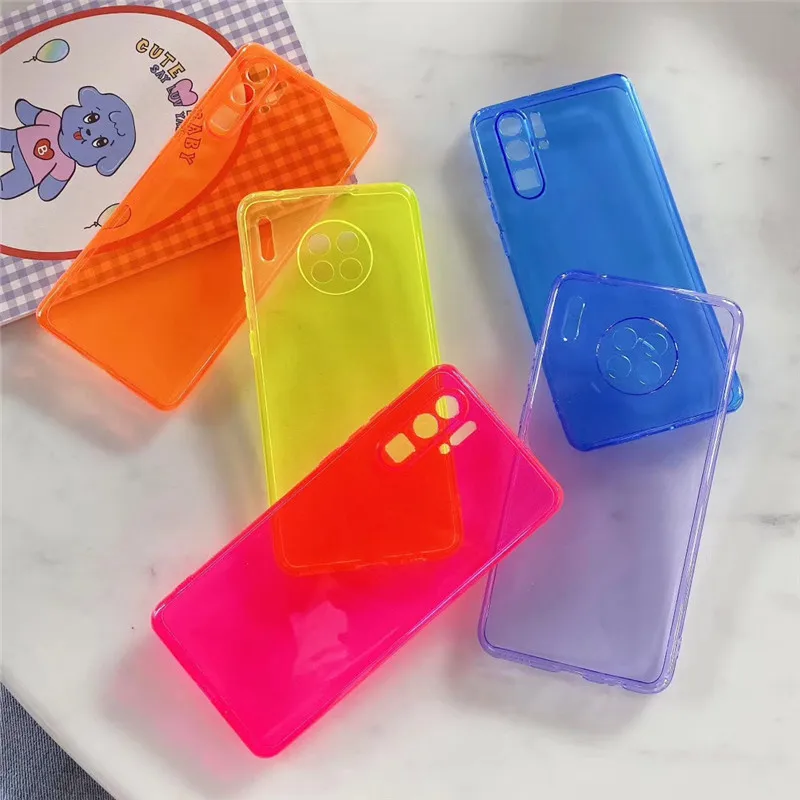 

Fluorescent Phone Case for Huawei P20 P30 Lite P40 Pro P Mate 30 Case Neon Solid Soft Back Cover for Honor 20 Slim Clear Yellow