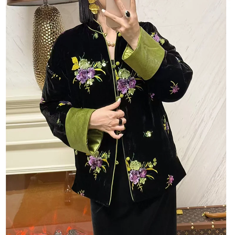 Новое зимнее пальто из шелка + бархата новый китайский стиль с вышивкой бисером