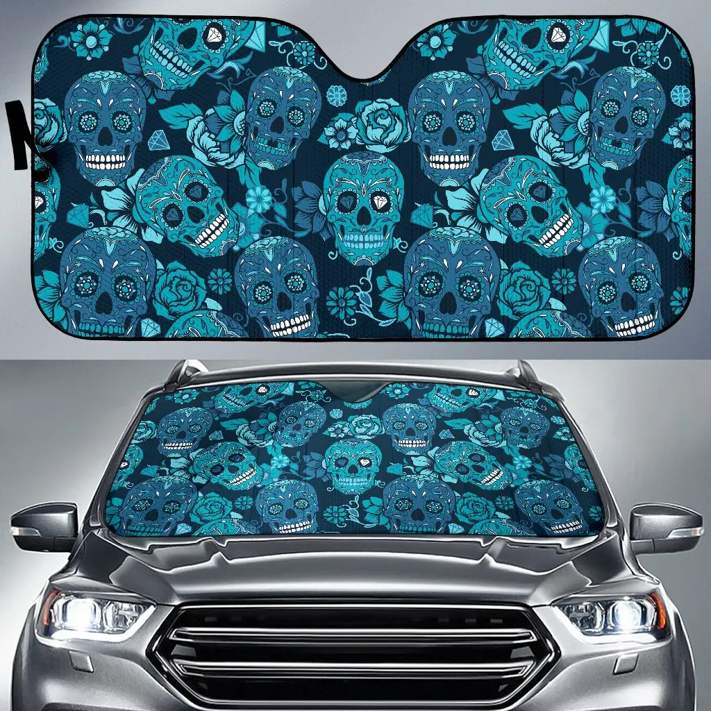 

Teal Sugar Skull Flower Pattern Print Car Sun Shade