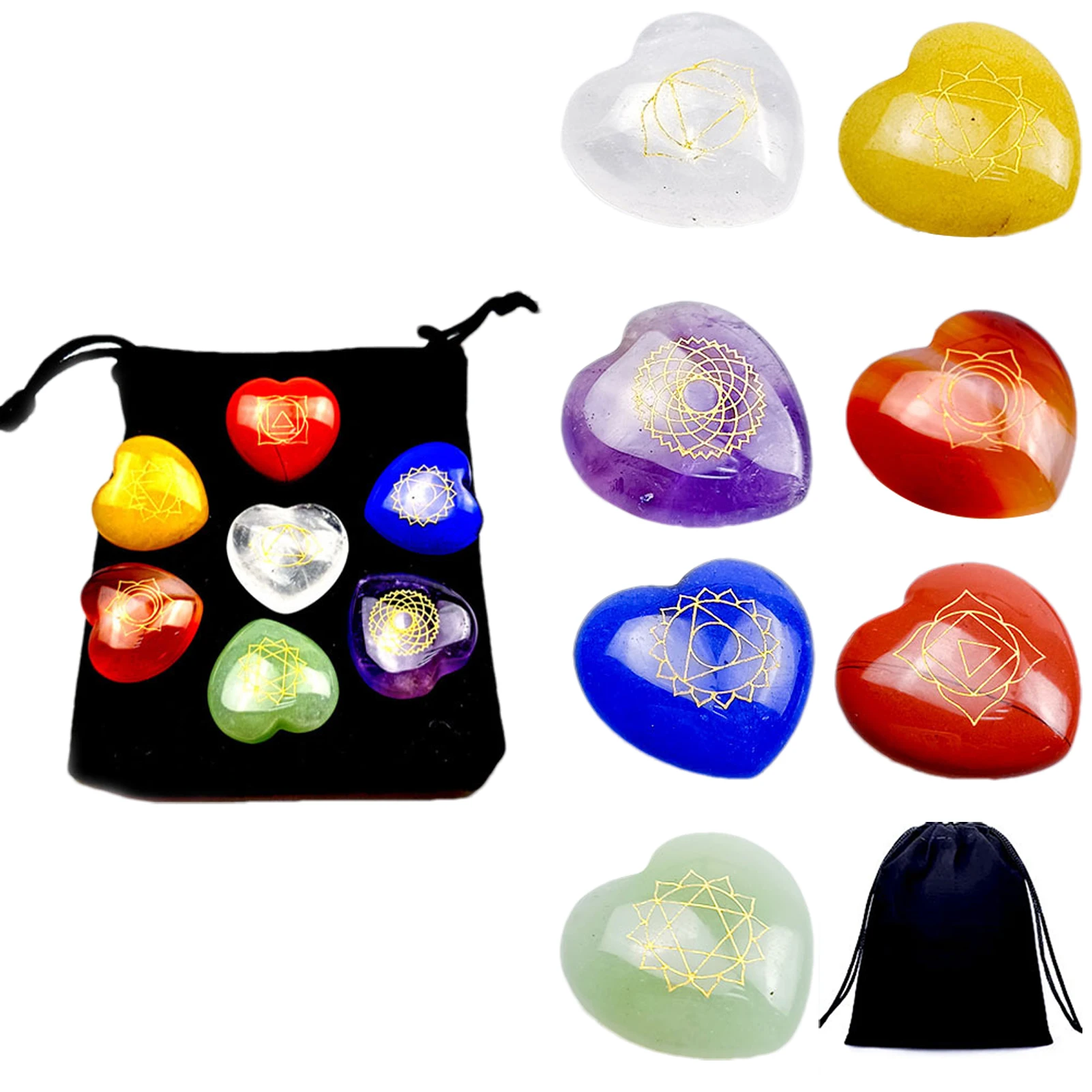 

7-Chakra Heart-Shaped Stone Multicolor Quartz Energy Stone With Velvet Bag Crystal Chakra Stone Meditation Reiki Healing Stone