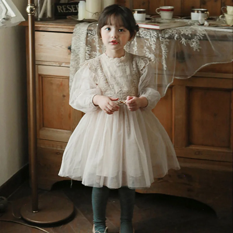 Children Clothes Spring Autumn 2022 Korean Girls Dress French Lantern Sleeve  Dress for Children Princess Lace Sweet Girls Dress