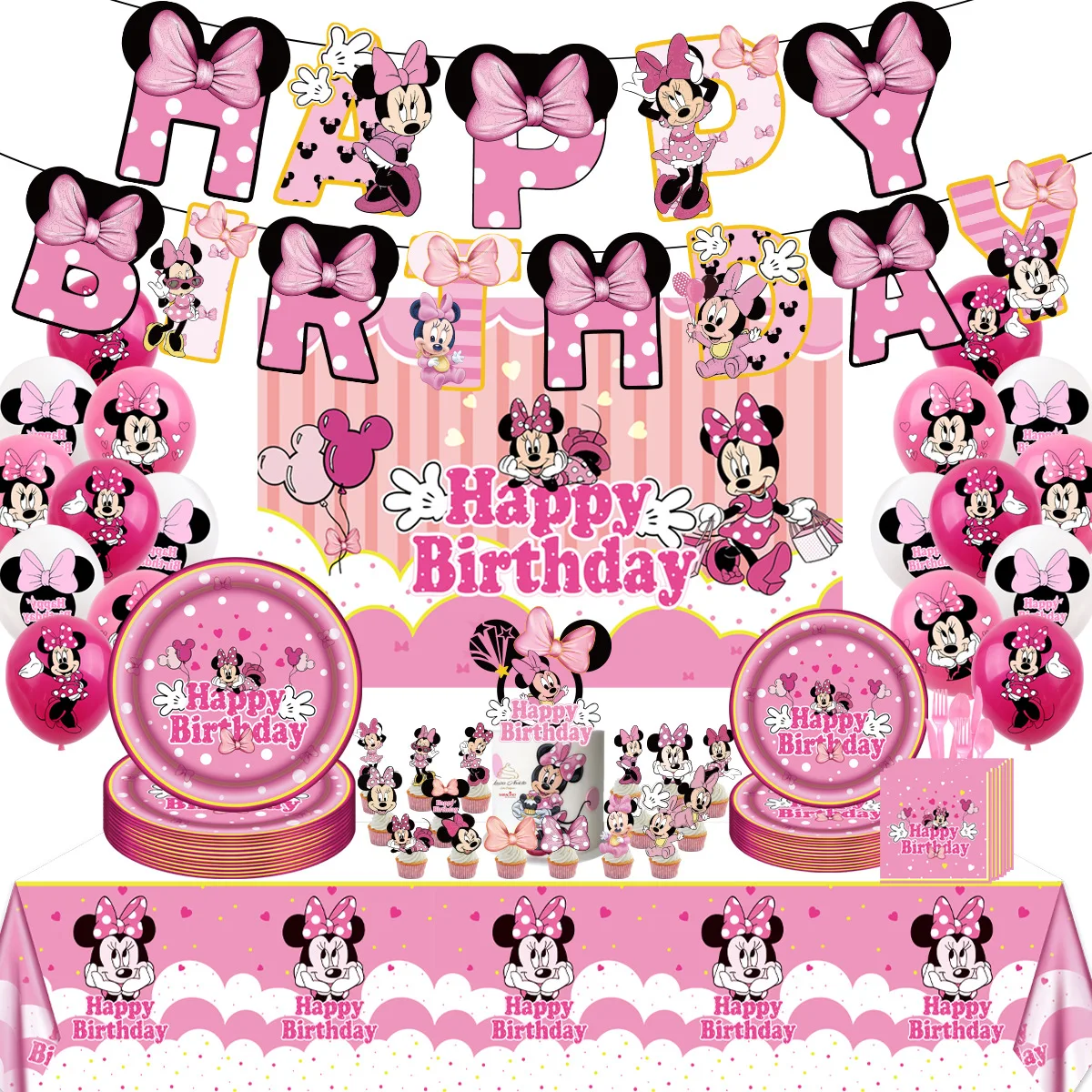 

New Minnie Mouse Birthday Party Decorations Paper Plate Napkin Disposable Party Tableware Balloon For Baby Shower Decor Supplies