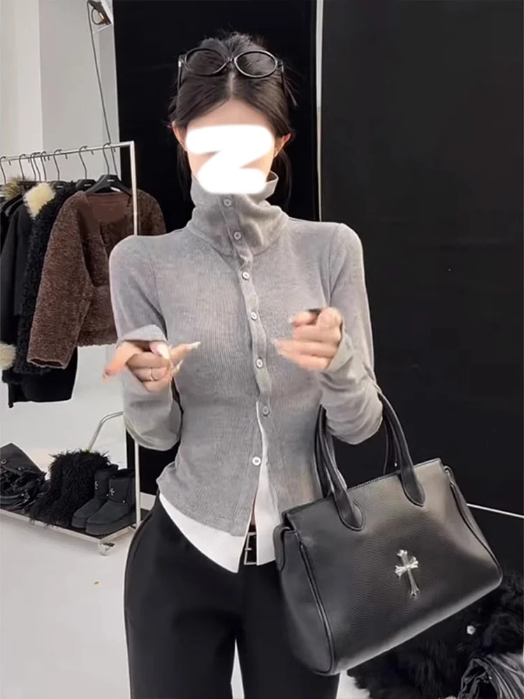 Серый искусственный двухсекционный вязаный кардиган с высоким воротником