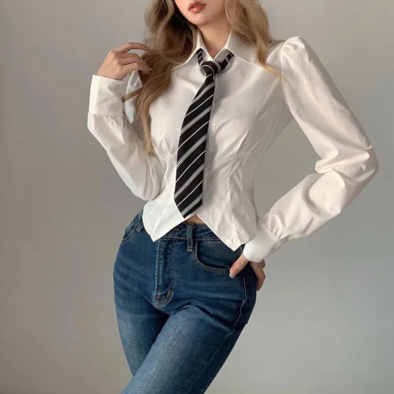 Spring Fashion Slim Solid Color Long Puff Sleeve Single-breasted SML White Women Casual Short Shirts Girls Cropped Top with Tie