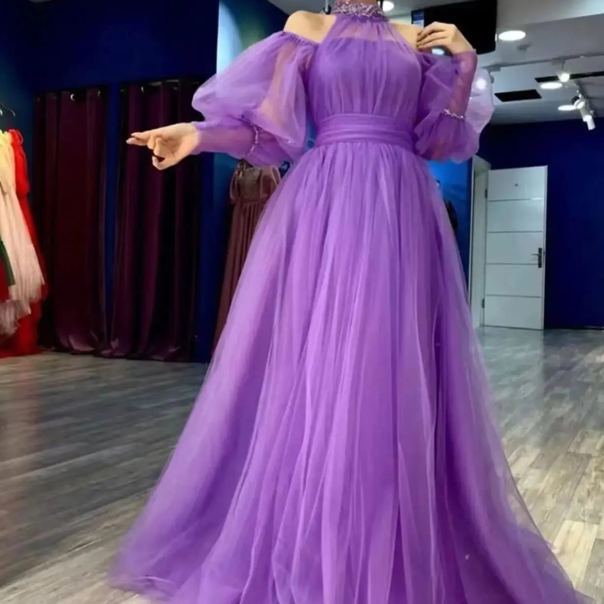 

Purple High Neck Women Evening Dress Long Formal Prom Dresses A Line فساتين سهرة Long Sleeve Tulle Вечернее платье Party Gowns