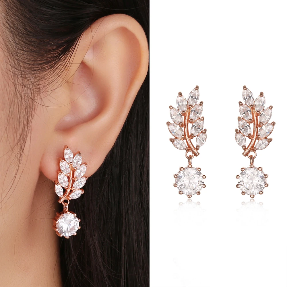 

RORU Classic Leaf Shape Bright Cubic Zirconia Stud Earrings For Women Rose Gold Color Big Stud Earings Jewelry Gift brinco