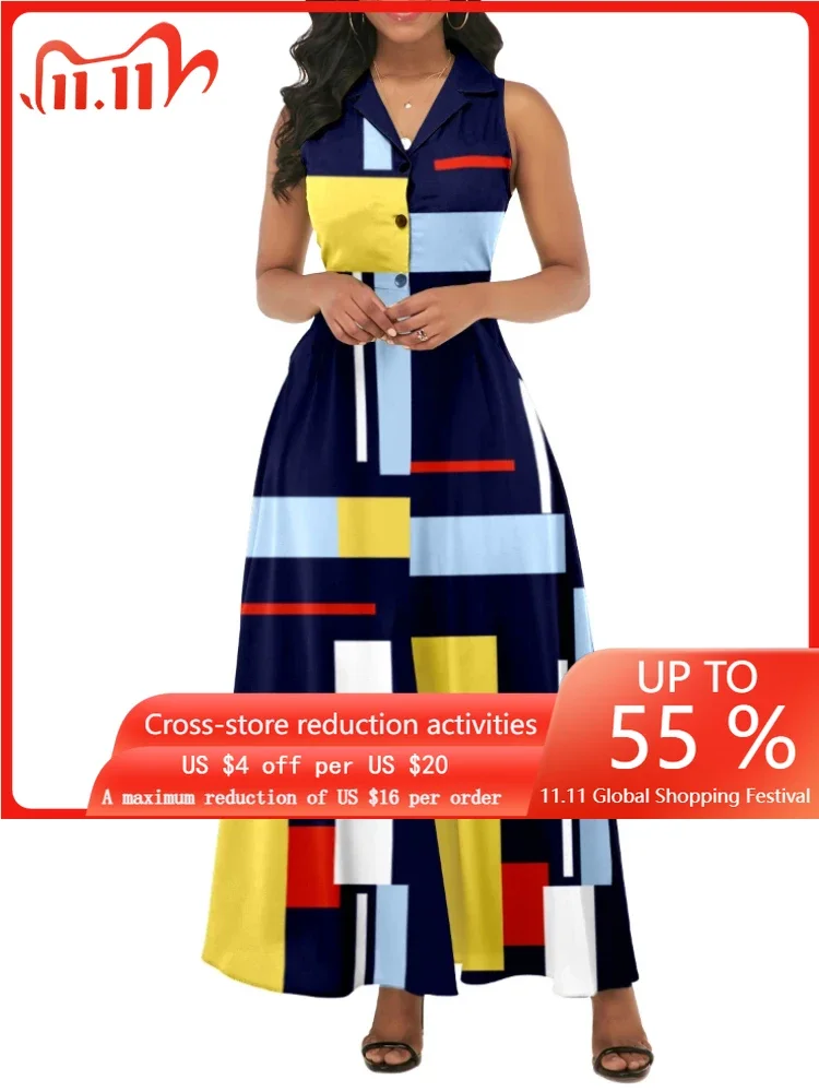 

Summer Fashion Geometric Printing Shirt Dress Women's Sexy V-neck Sleeveless Button Dress Temperament Commuter Dress Women
