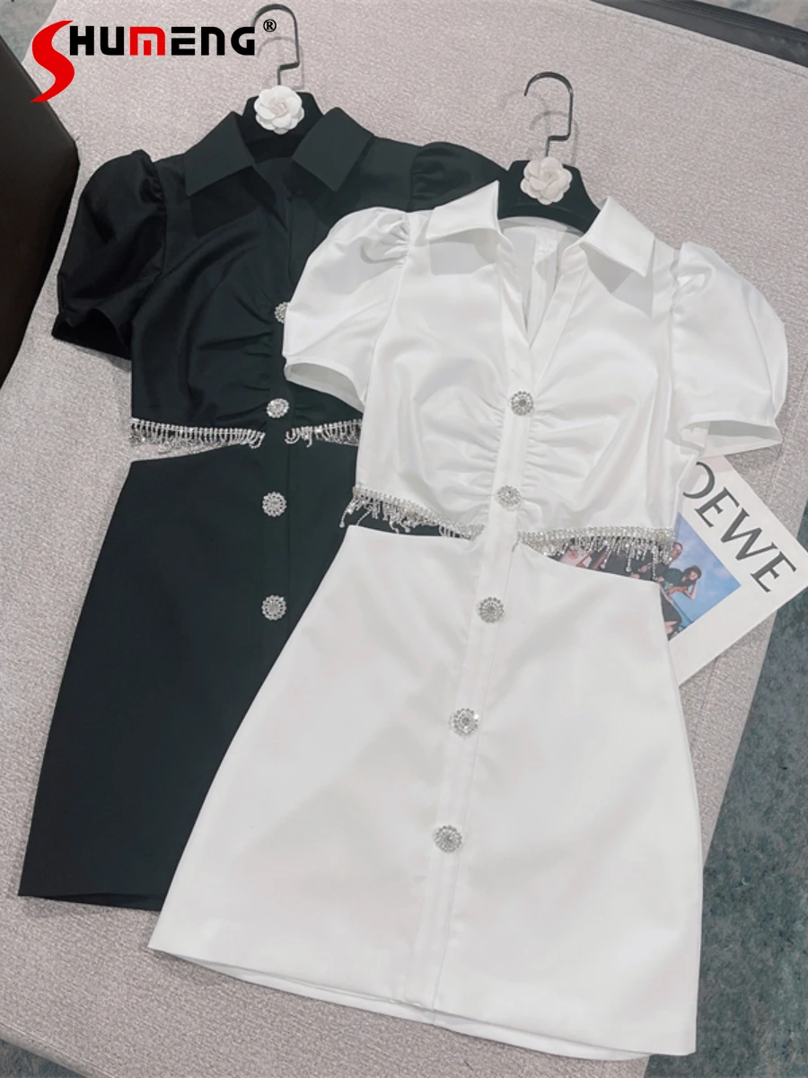 

2022 Summer New French Trendy Sexy Rhinestones Tassel Midriff Outfit Rhinestone Buckle Blouse Collar Dress Short Sleeve Dress