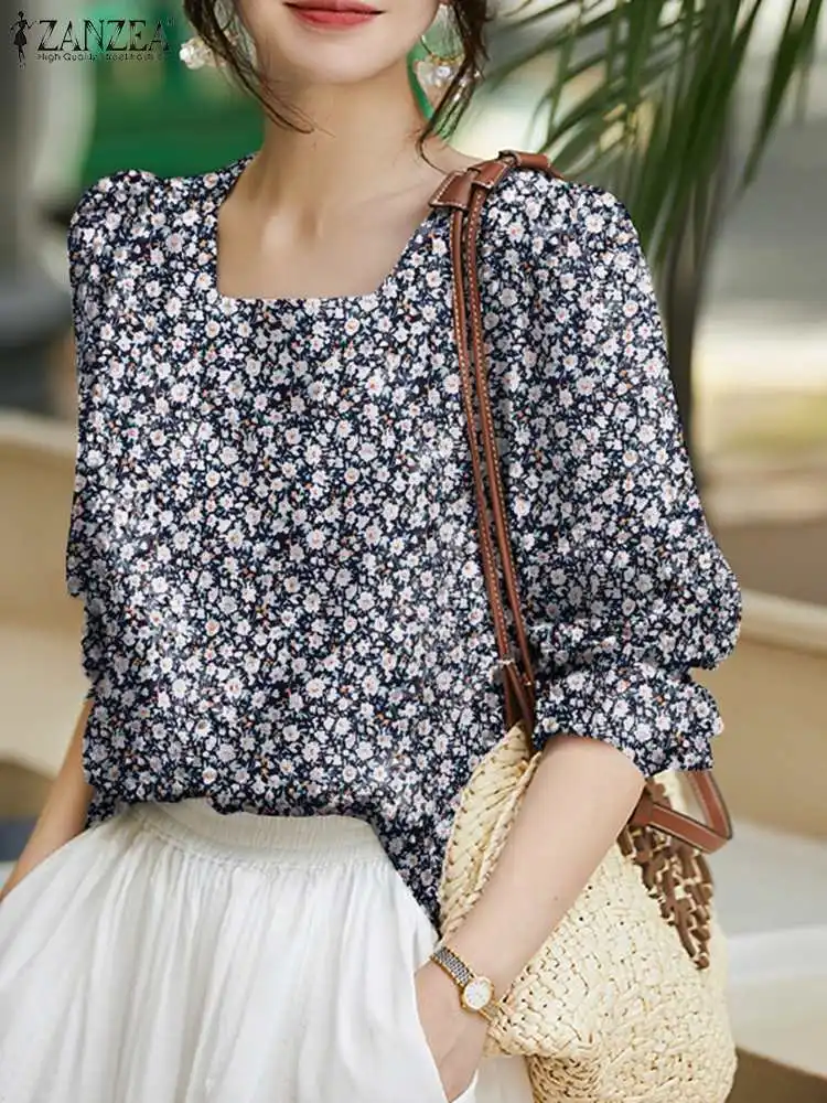 

Блузка ZANZEA женская с цветочным принтом, Повседневная Туника с квадратным вырезом, богемный стиль, рабочий топ в Корейском стиле, с рукавом 3/4