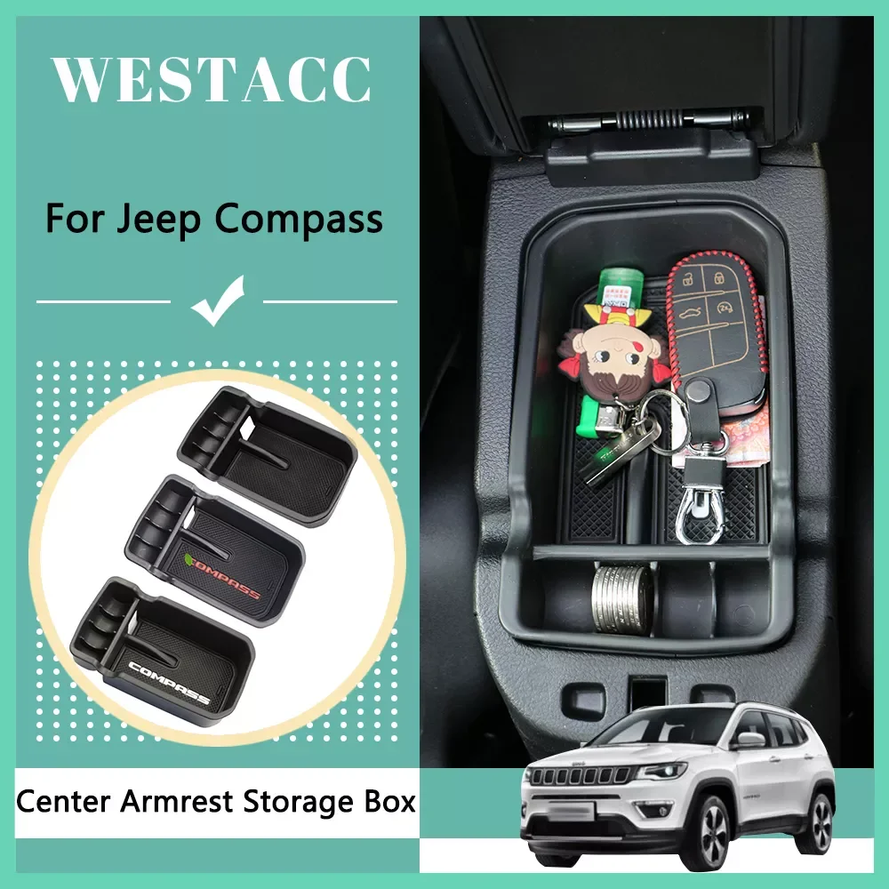

Car Center Armrest Storage Box Case Container for Jeep Compass 2017 - 2020 Organizer Rubber Mat Interior Accessories