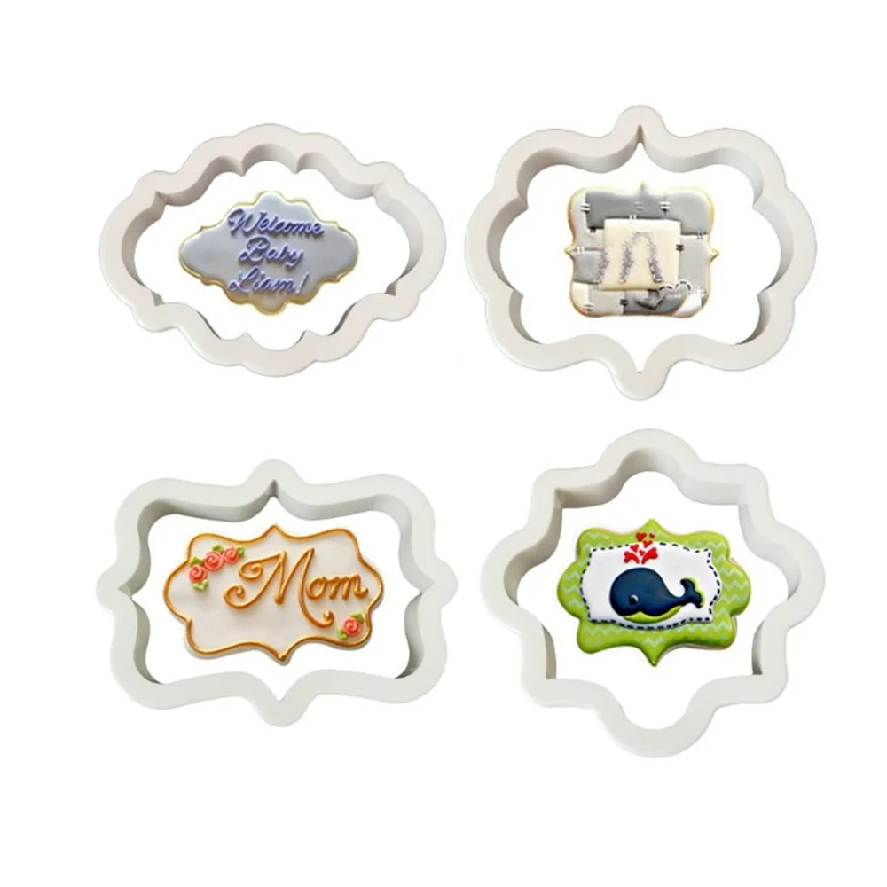 

4Pcs/Lot Vintage Plaque Frame Cookie Cutter Set Plastic Biscuit Mould Fondant Cake Decorating Tools Fondant Sugar Craft Molds