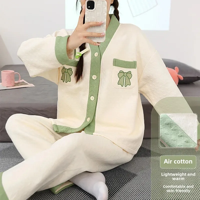 Women's Autumn Winter Thickened Cotton Long Sleeve Air Layer Cardigan Kimono Outerwear Homewear V-Neck Pajama Set