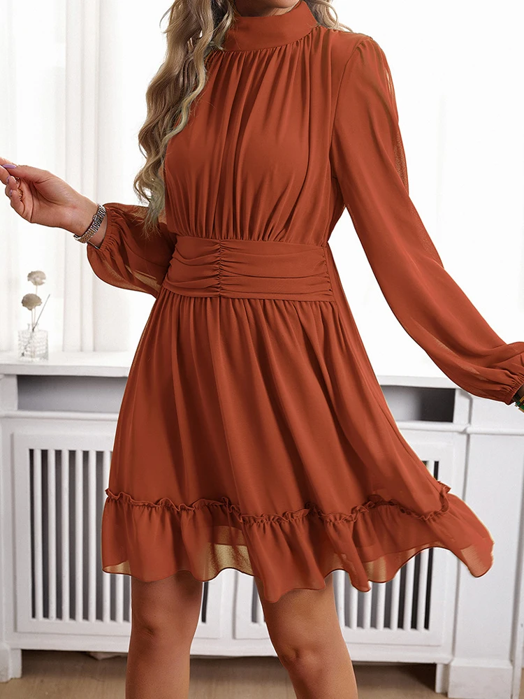 Элегантное платье во французском стиле женское осеннее с высоким воротником и