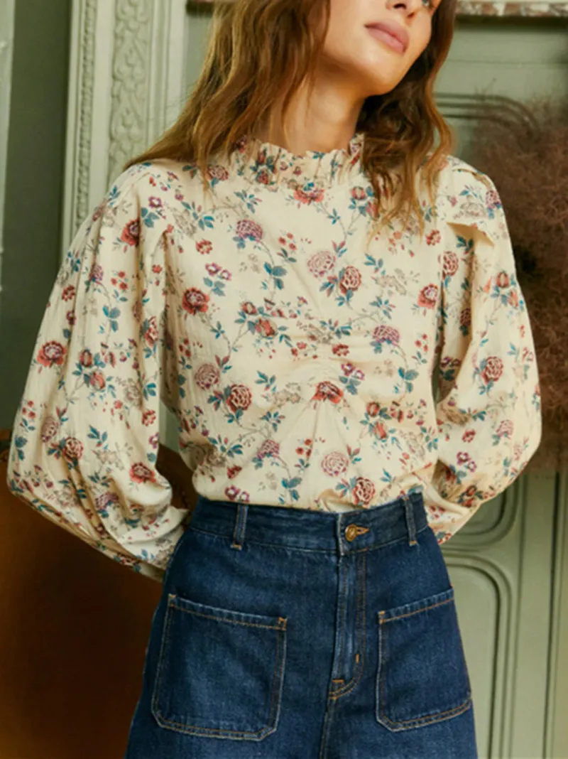 

Женская винтажная рубашка с цветочным принтом и рюшами на воротнике, новинка 2023, французский Женский пуловер с рукавами-фонариками и плиссировкой, блузка, топ на раннюю весну