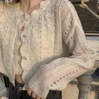 petal collar vintage knitted cardigan beading elegant hollow out pearls all match crop top white single breasted exquisite ins