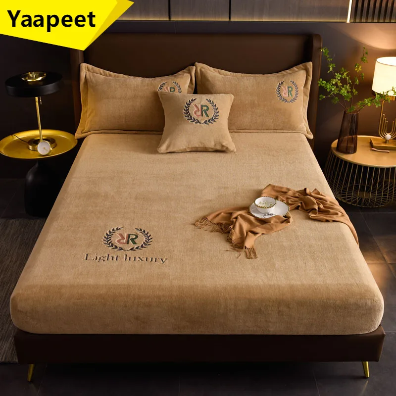 

Luxury Embroidery Autumn Winter Fitted Sheet Set 1-3 Pcs Soft Warmth Plush Bed Linen Thicken Cozy Coral Velvet Bedding Set Queen