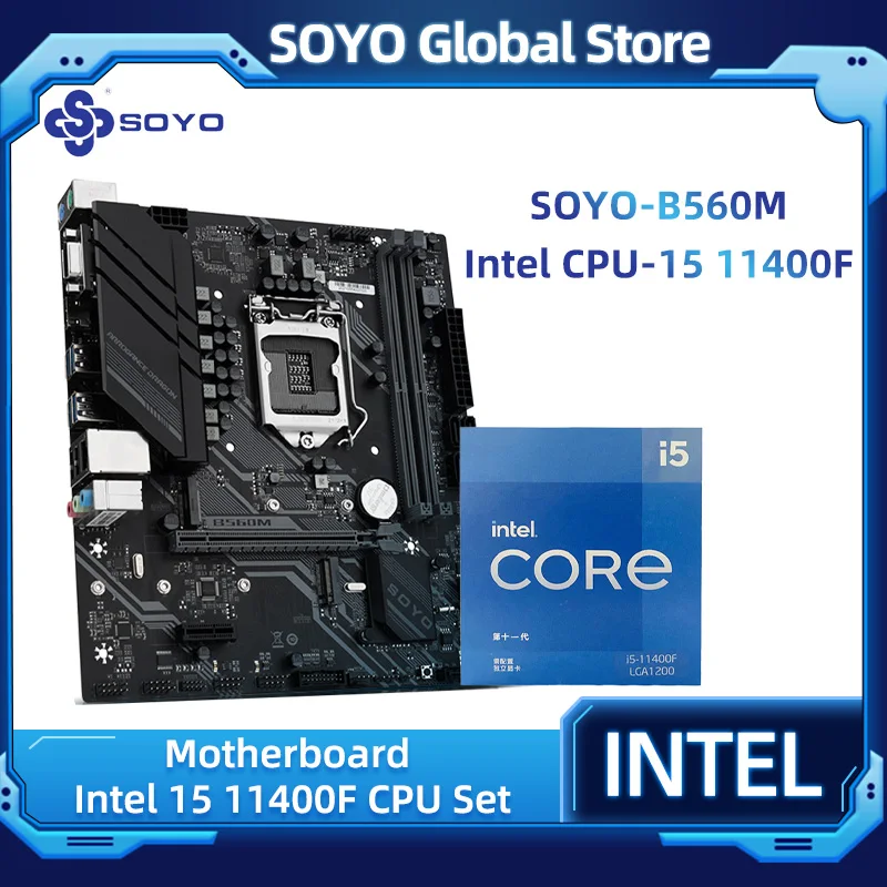 

SOYO Original B560M Motherboard With Intel I5 11400F CPU Set M.2 SSD NVME PCI-E 4.0 DDR4 Memory DP for Desktop PC [No Cooler]