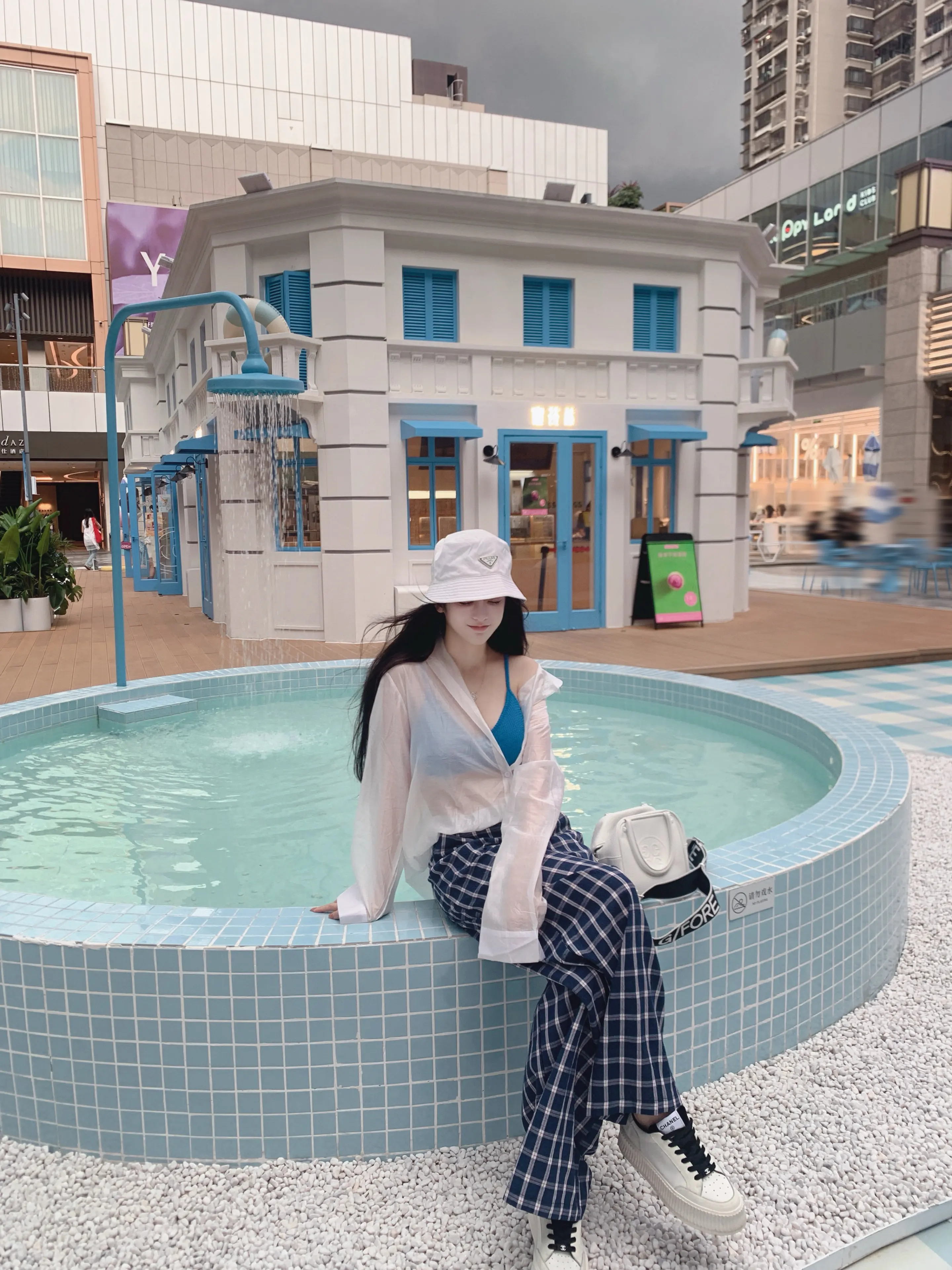 Nanane Nan Homemade Slightly Sweet Oxygen-Sensitive Dopamine Sling + Boyfriend Version Shirts Blue Plaid Wide-Leg Pants