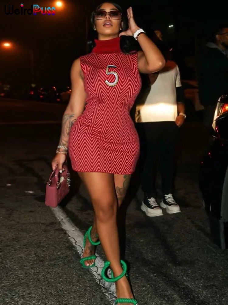 

Weird Puss Casual Mini Dress Women Turtleneck Sleeveless Embroidery Print Stretch Skinny Bodycon Trend Hot Streetwear Female