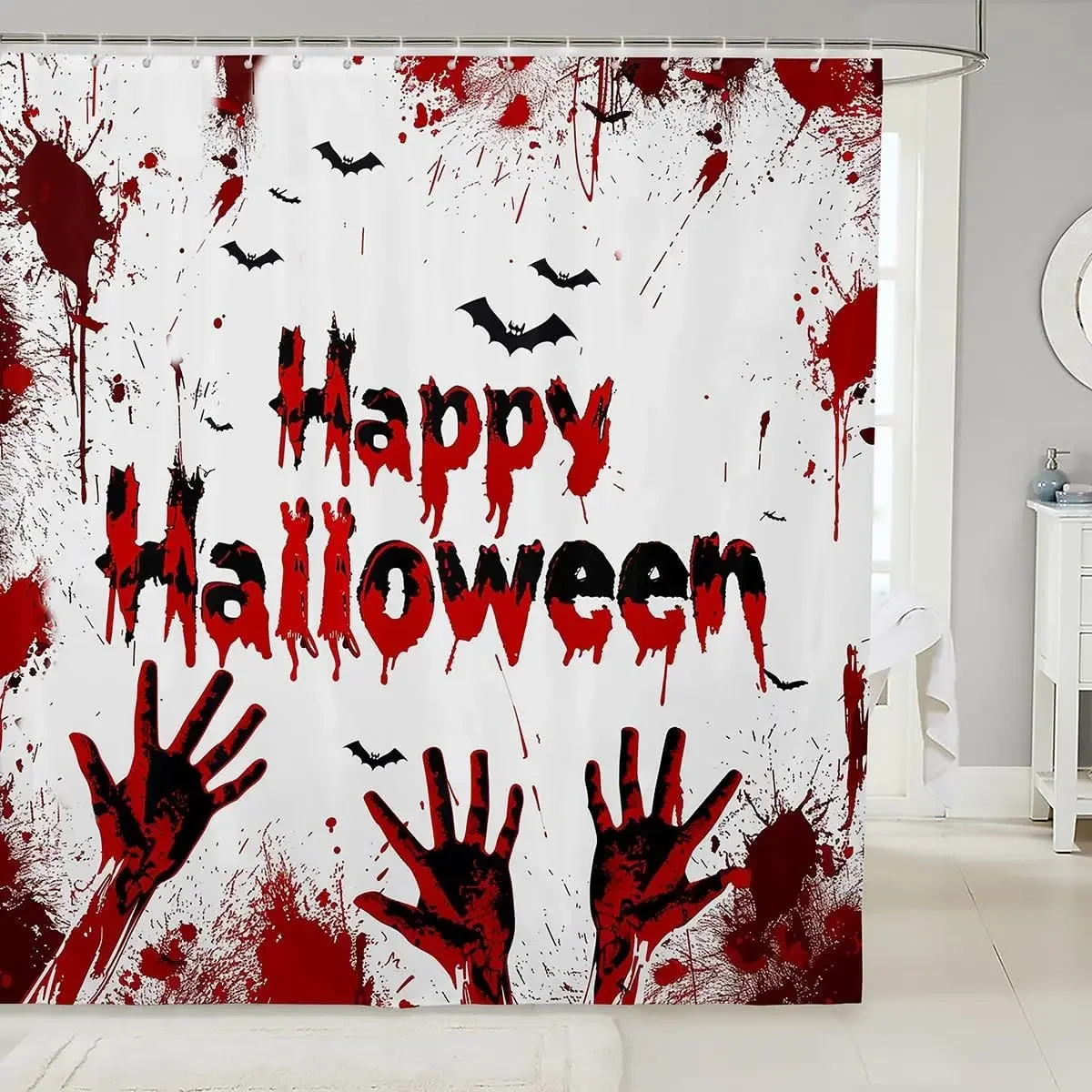Halloween Shower Curtain Bloody Handprint Skeleton Bats Ghost Pumpkin Happy Elf Polyester Bath Home Decoration