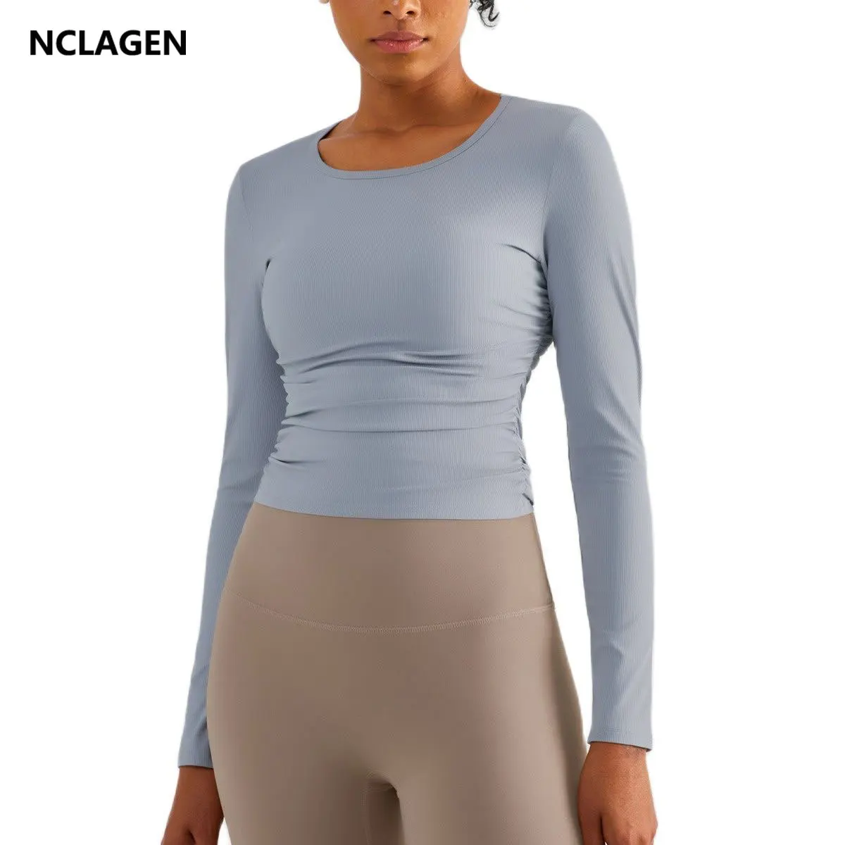 

NCLAGEN Yoga Tops Women Long Sleeve New Pleated Waist Classic Round Neck Gym Wear Breathable Sweat Leisure Sports Fitness Shirt