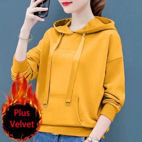 Autumn Winter Plus Velvet Warm Hooded Womens Clothing Solid Color Letter Embroidery Pocket Cotton Sweatshirts 2023 M-4xl Hoodies